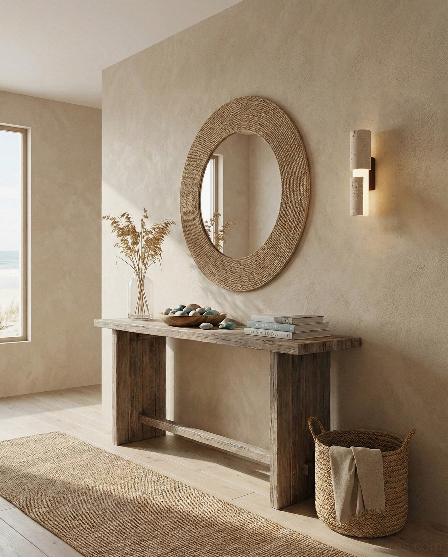 Tolira travertine wall sconce detail close-up, showing natural stone texture, organic pores and surface character