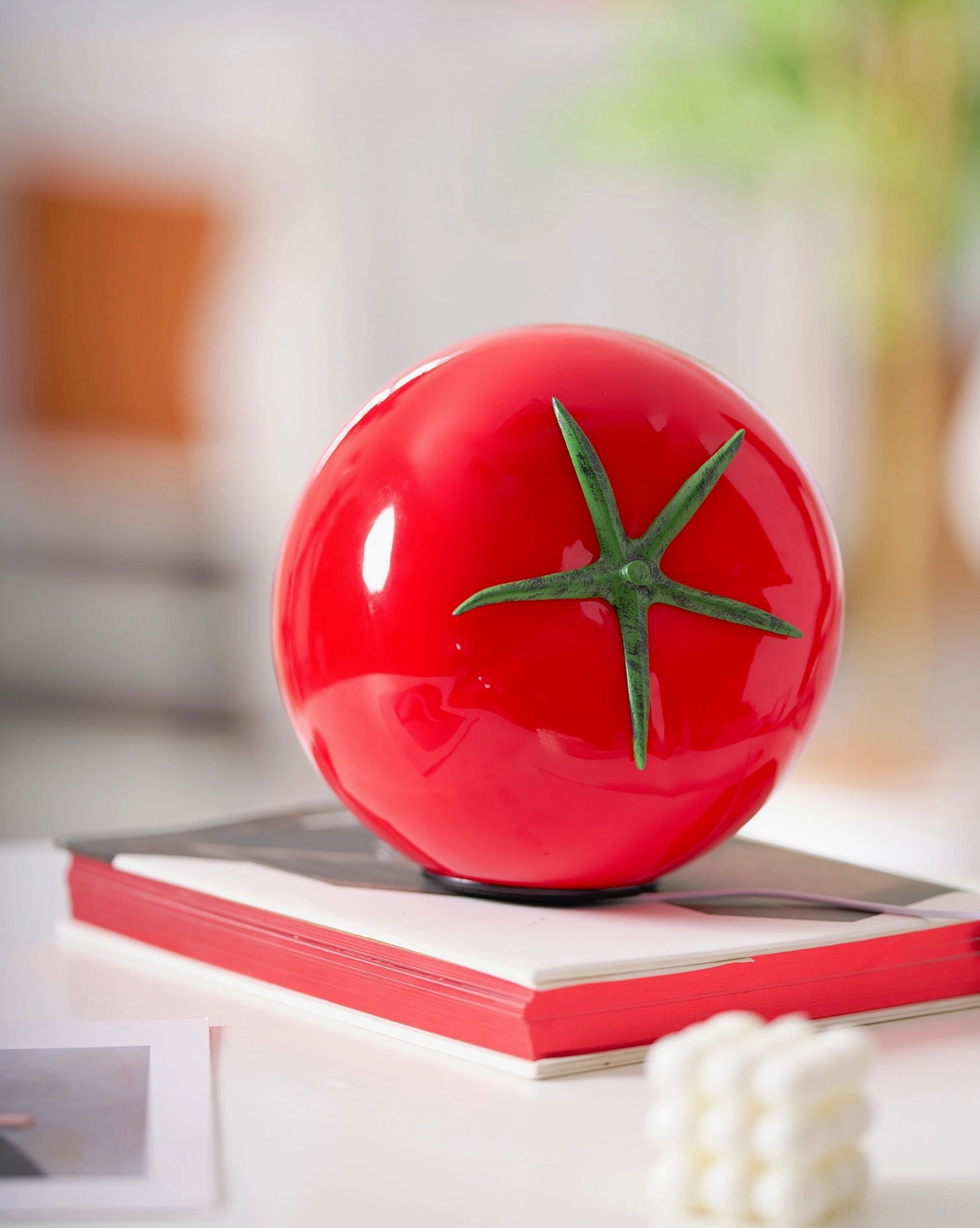 Tomato table lamp showing botanical green stem detail - handcrafted modern design