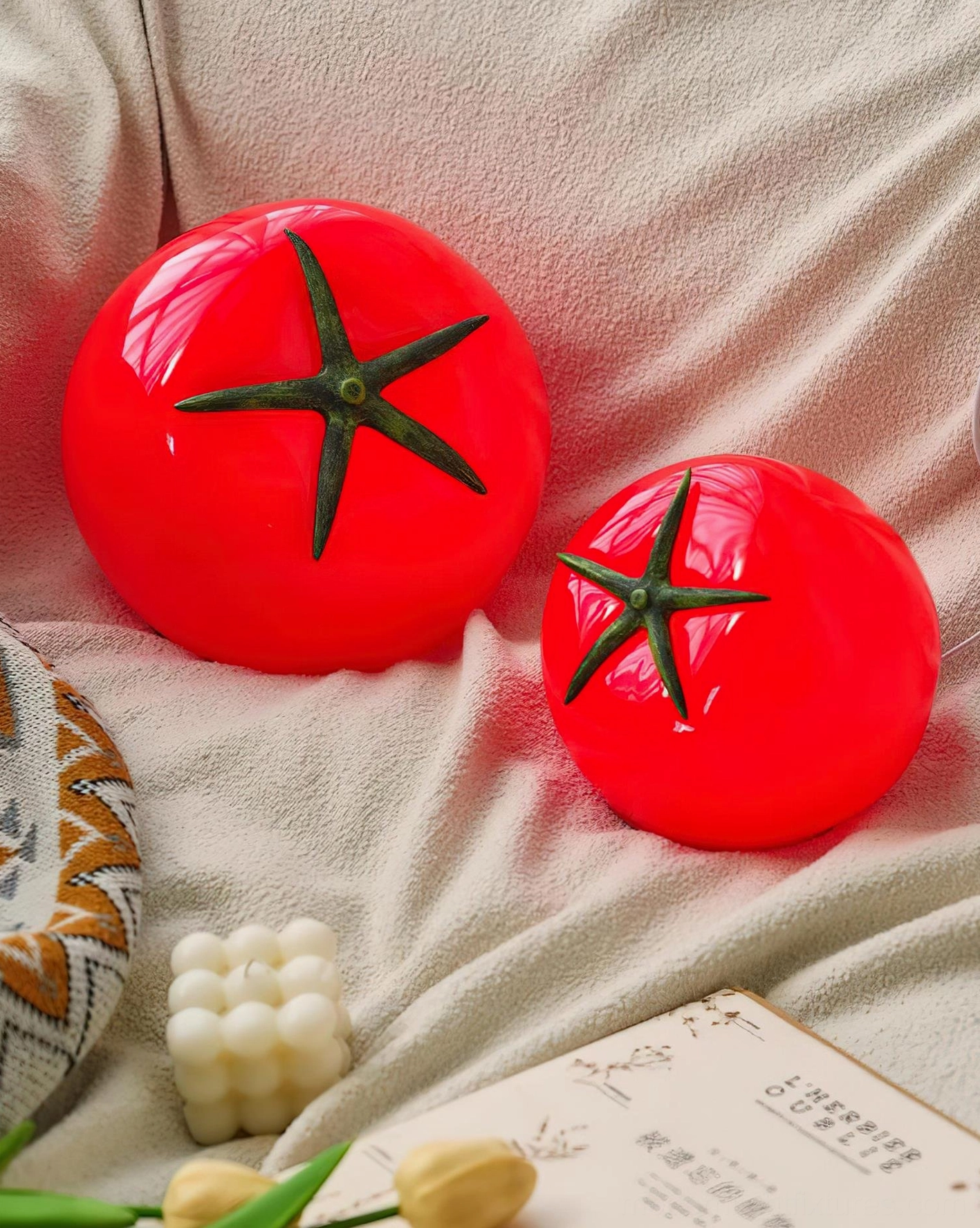 Tomato table lamp shelf styling display contemporary home décor arrangement