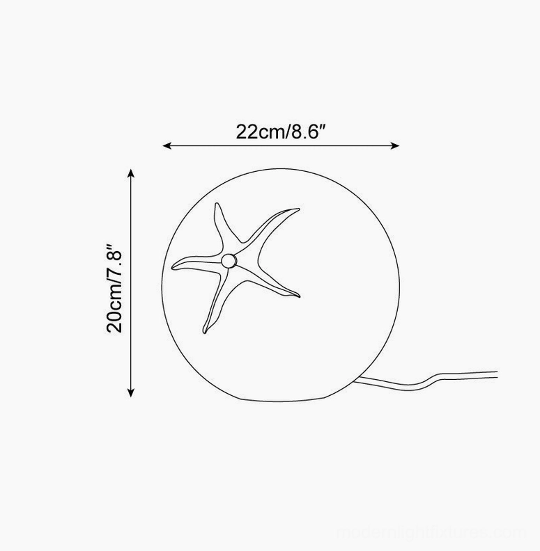 Tomato resin table lamp technical specification sheet with dimensions and line art design drawing