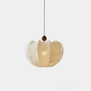 Tonio floral pendant lamp front view with off-white rose-printed fabric shade and wooden top hardware