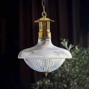 Vintage brass pendant lamp with ribbed clear glass shade, indoor close-up with plant backdrop and warm lighting