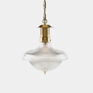 Torill rippled glass pendant light with polished brass hardware, studio frontal view showing fluted clear glass shade