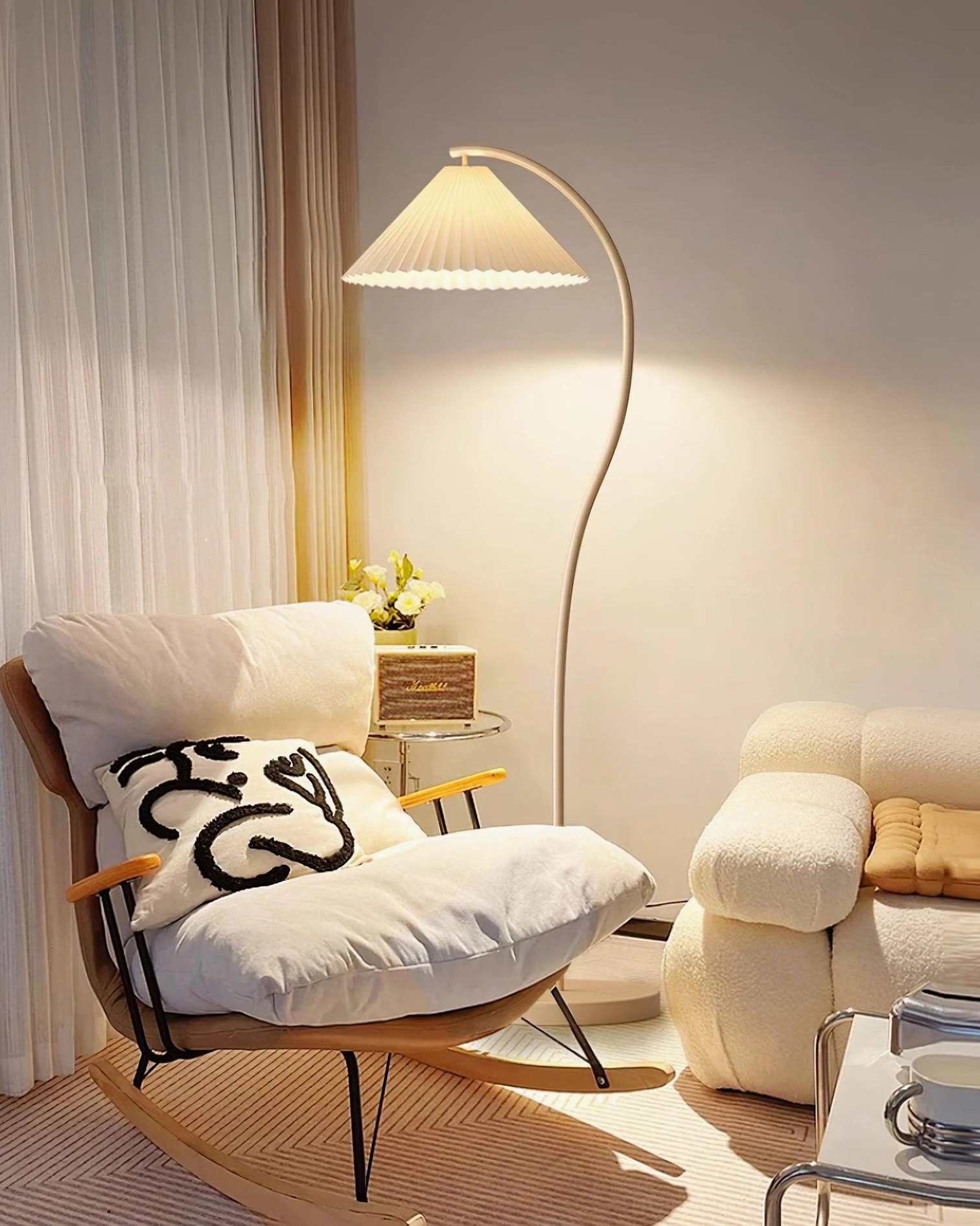 Tove floor lamp japandi style interior, soft pleated light diffusion home ambiance