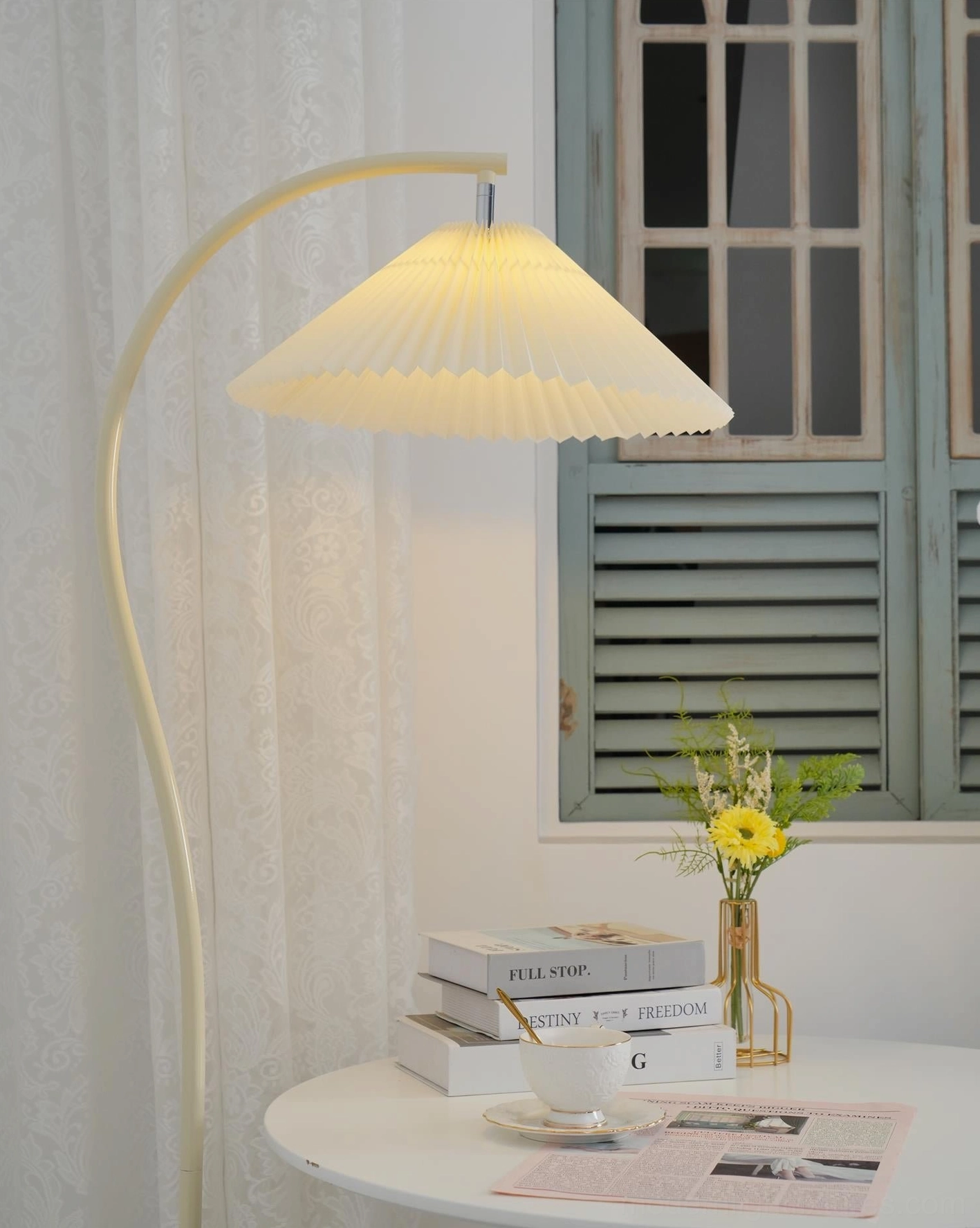 Tove pleated floor lamp brass copper accents, luxury metal finish home styling