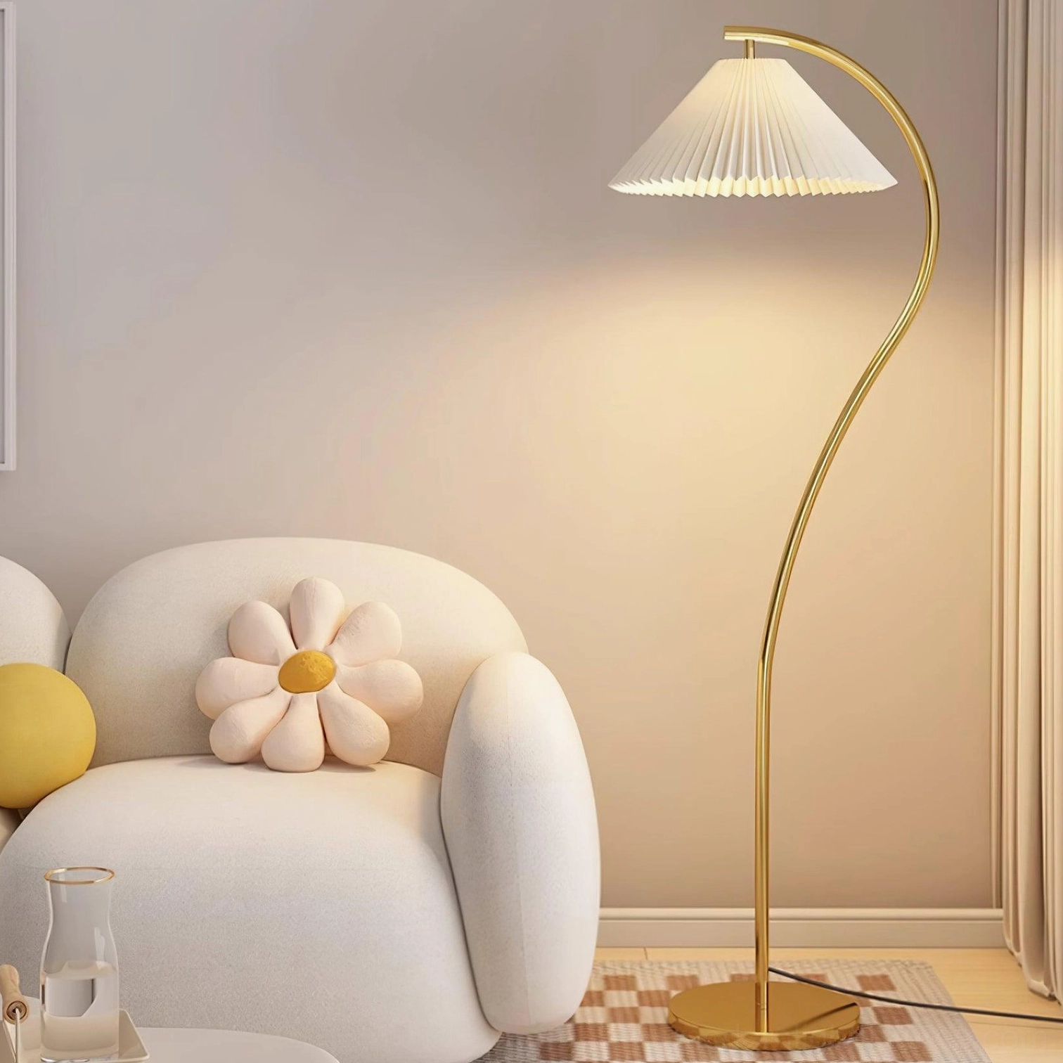 Tove floor lamp beside linen sofa, neutral fabric shade contemporary interior styling