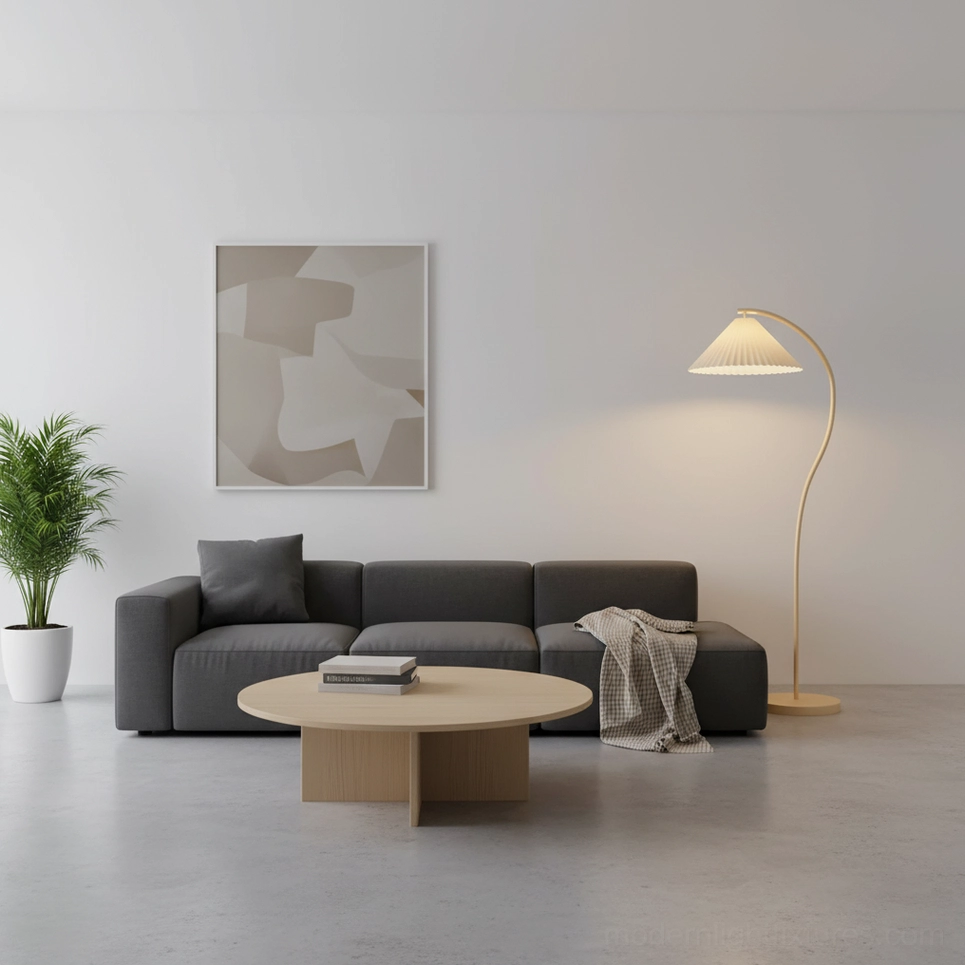 Beige Tove curved pleated floor lamp dark gray sofa neutral nordic minimalist style