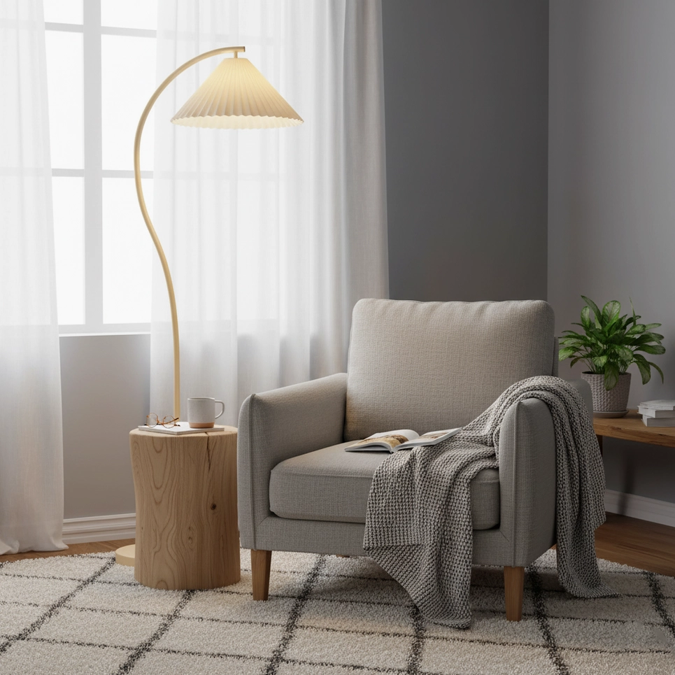 Beige Tove pleated floor lamp beside wooden side table in bay window reading corner