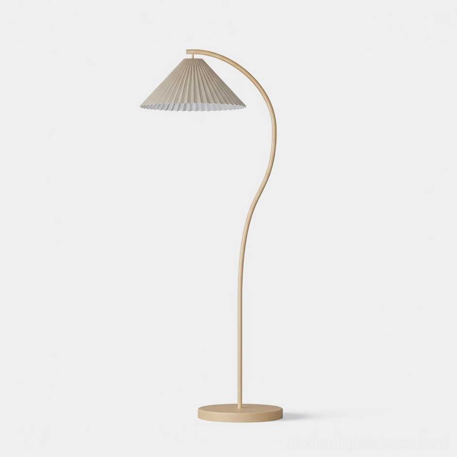 Beige pleated Tove floor lamp with curved metal pole and fabric shade, front view studio shot