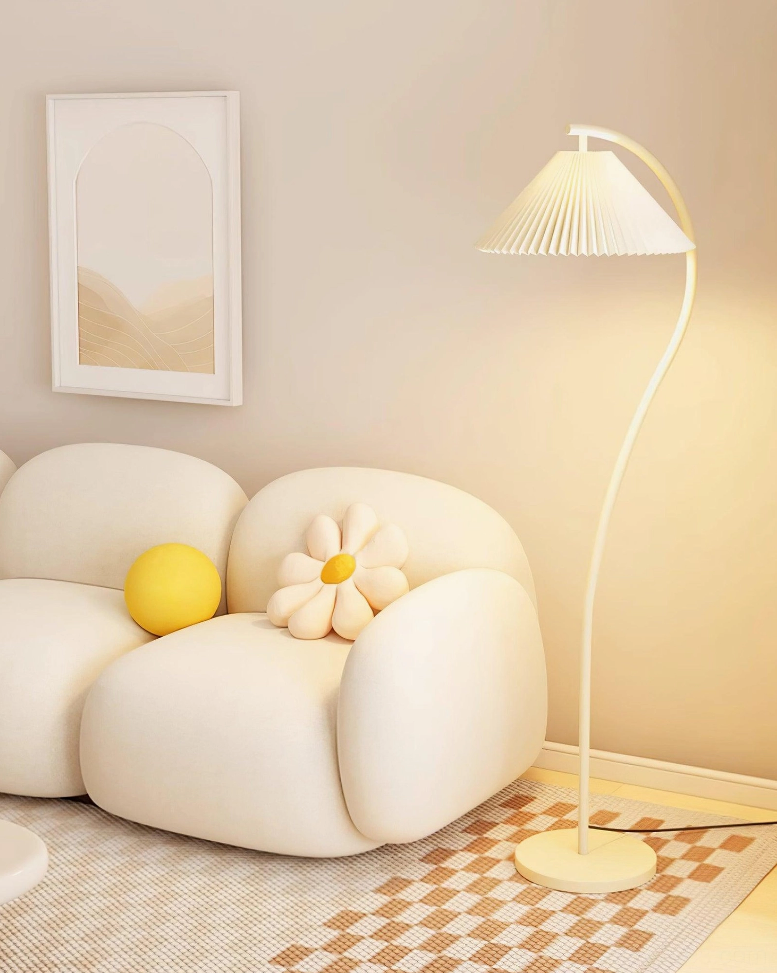 Beige Tove pleated floor lamp corner accent, warm ambient home interior lighting