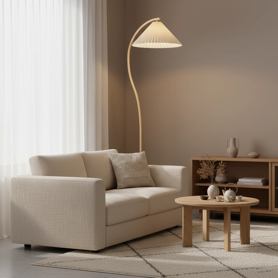 Beige curved pleated Tove floor lamp beside sofa in nordic living room interior design