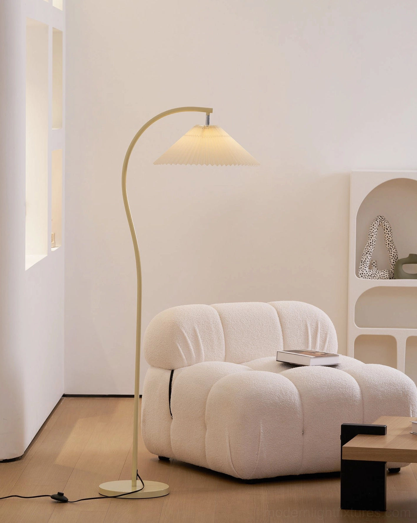 Pleated Tove floor lamp scandinavian design, warm ambient lighting home interior