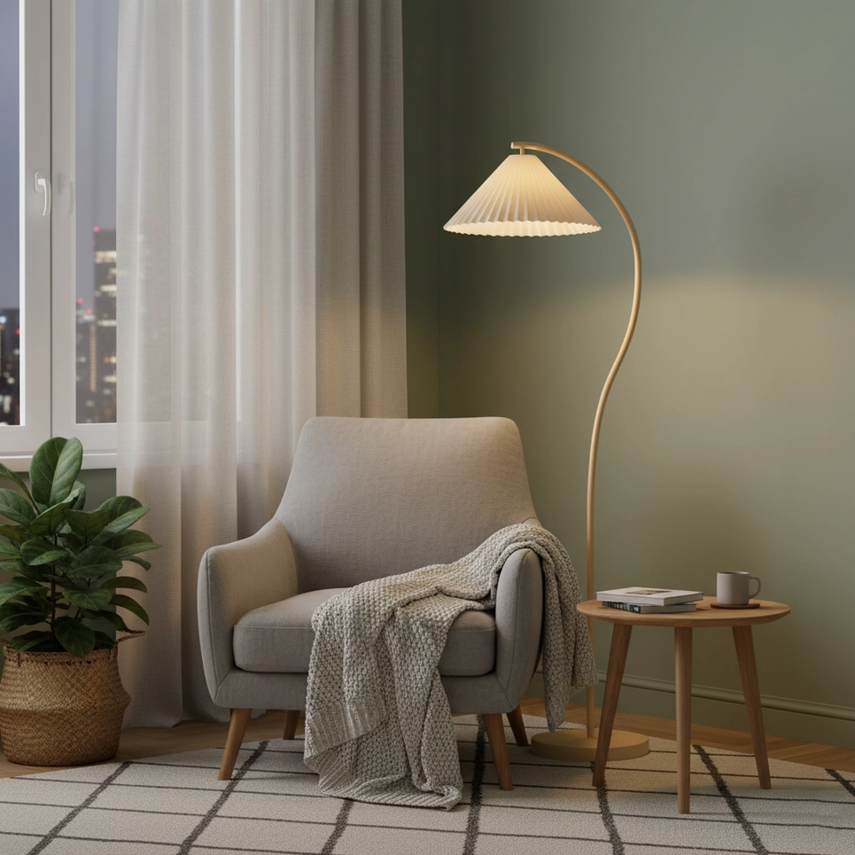 Beige pleated Tove floor lamp night bay window lounge with city view warm lighting