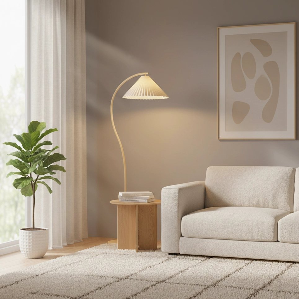 Beige pleated Tove floor lamp minimalist living room single sofa with wooden accent table