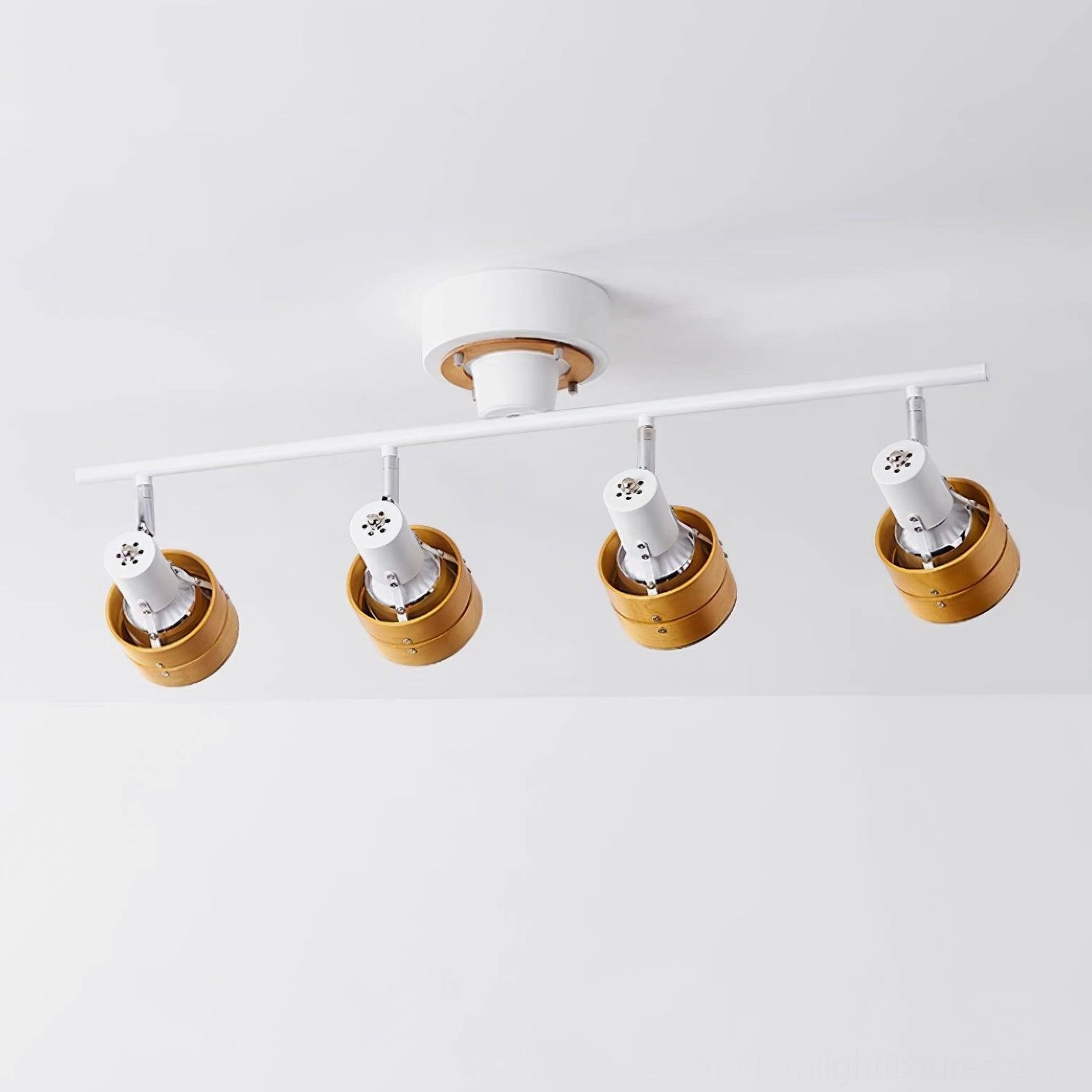 Four-head track lighting showing adjustable spotlight positioning for artwork and accent lighting