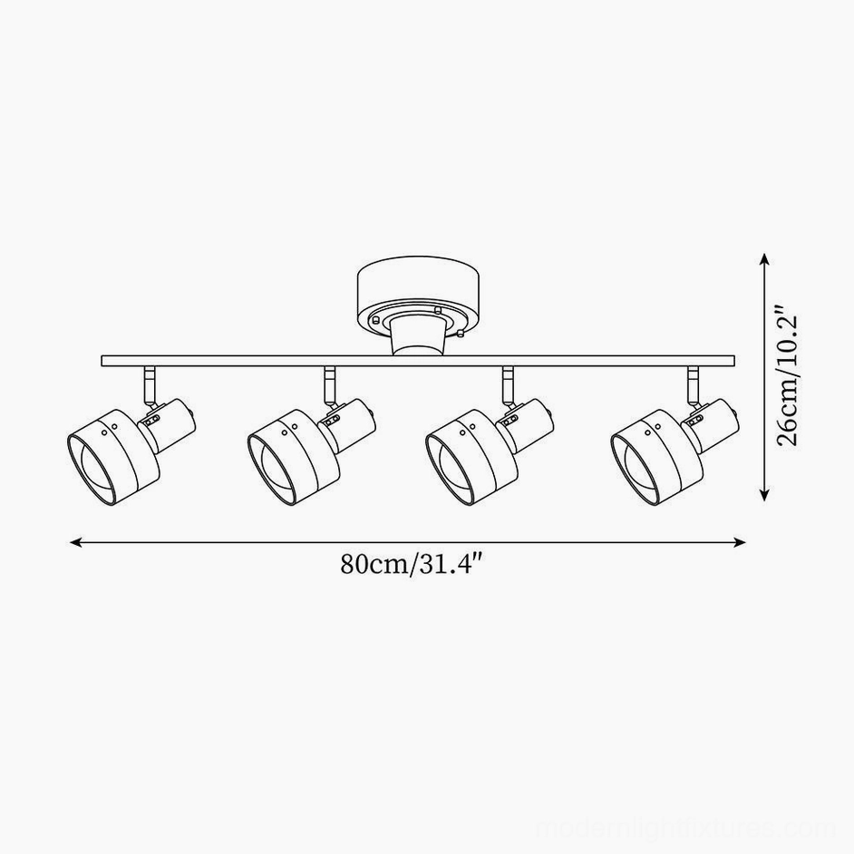 Technical schematic and dimensions of 80cm track lighting fixture with four adjustable spotlight heads