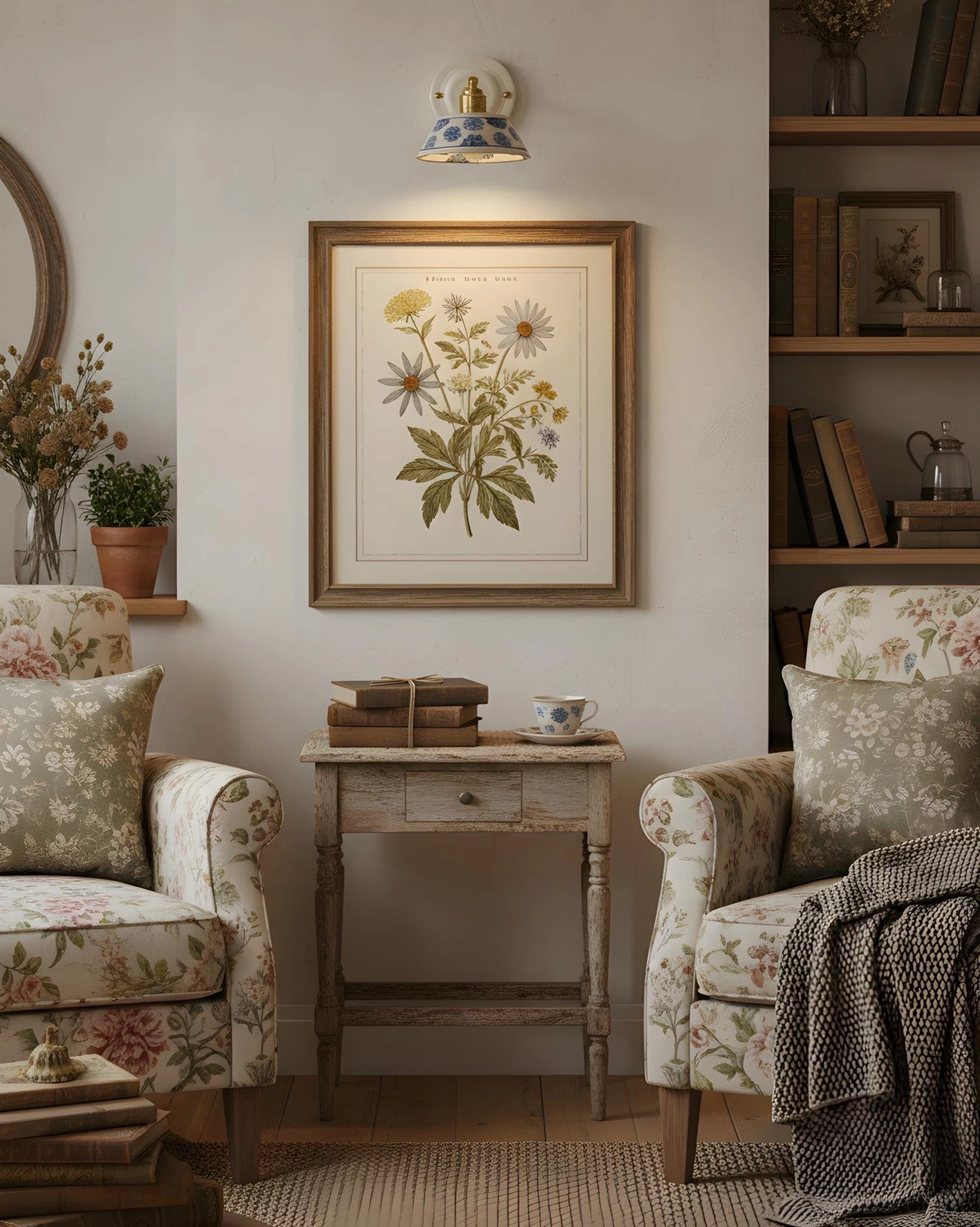 Indigo hand-glazed ceramic shade with traditional floral motifs on wall sconce