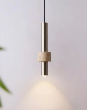Minimalist cylindrical pendant lamp with natural stone ring detail, warm downlight illumination