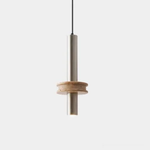Tralune modern travertine pendant light with brushed metal body, studio product photography