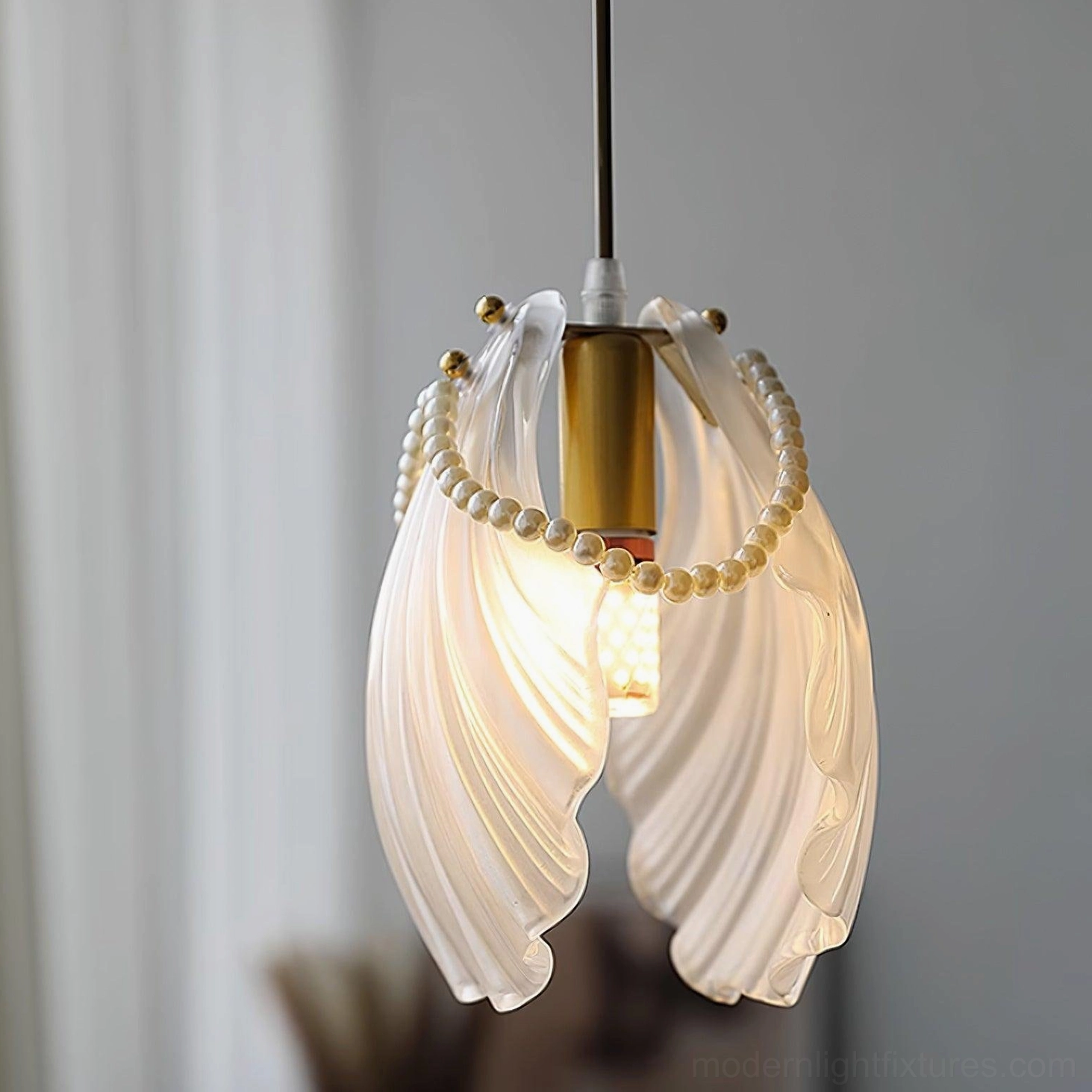 Transitional style pearl shell ceiling pendant light combining vintage and modern design elements