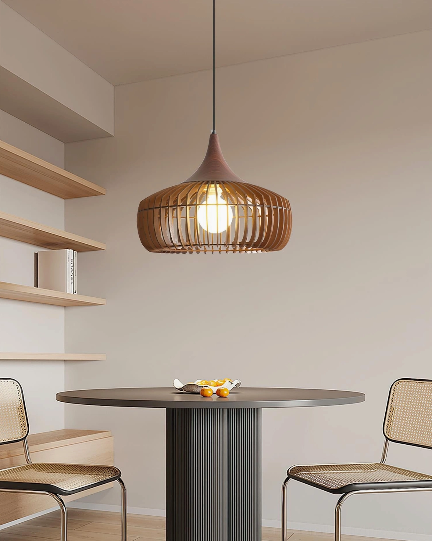 Transitional wood pendant light with metal components, bridge between traditional and contemporary style