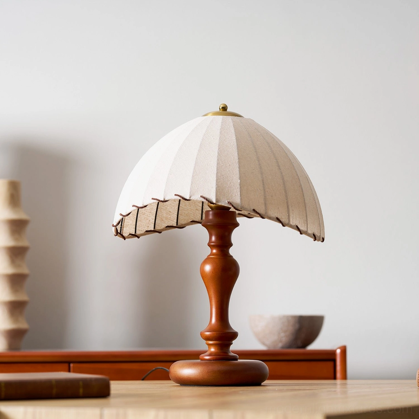 Transitional design table lamp with wood pedestal base and pleated fabric shade combination