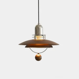 Trava mid-century modern pendant light with walnut wood grain disc shade and polished chrome hardware, front view studio shot