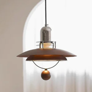 Trava modern pendant lamp with three-tier dark wood shade and chrome fixture, indoor dining room setting with arched window