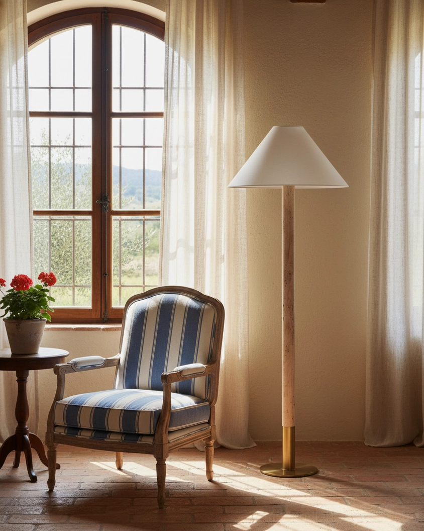 Minimalist travertine floor lamp with metal accents positioned by window in casual seating area with coordinated wood and brass finish