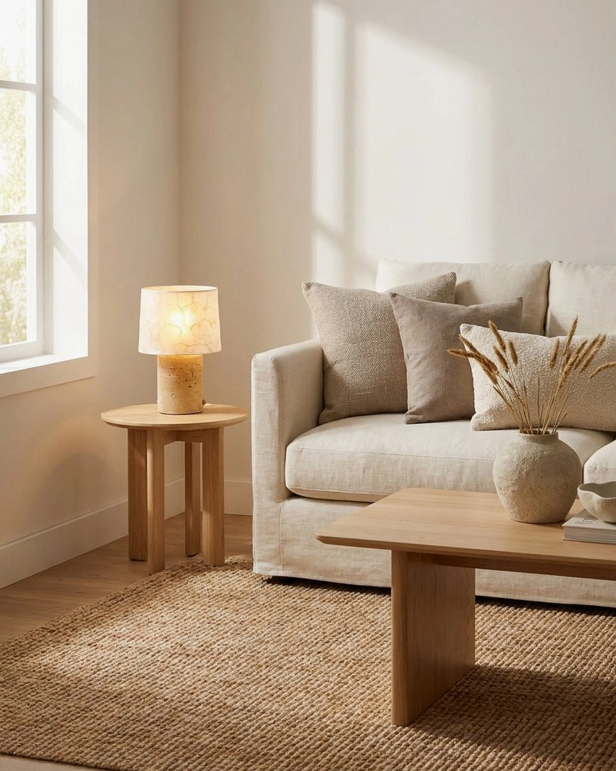 Natural stone table lamp on wooden side table in minimalist living room setting