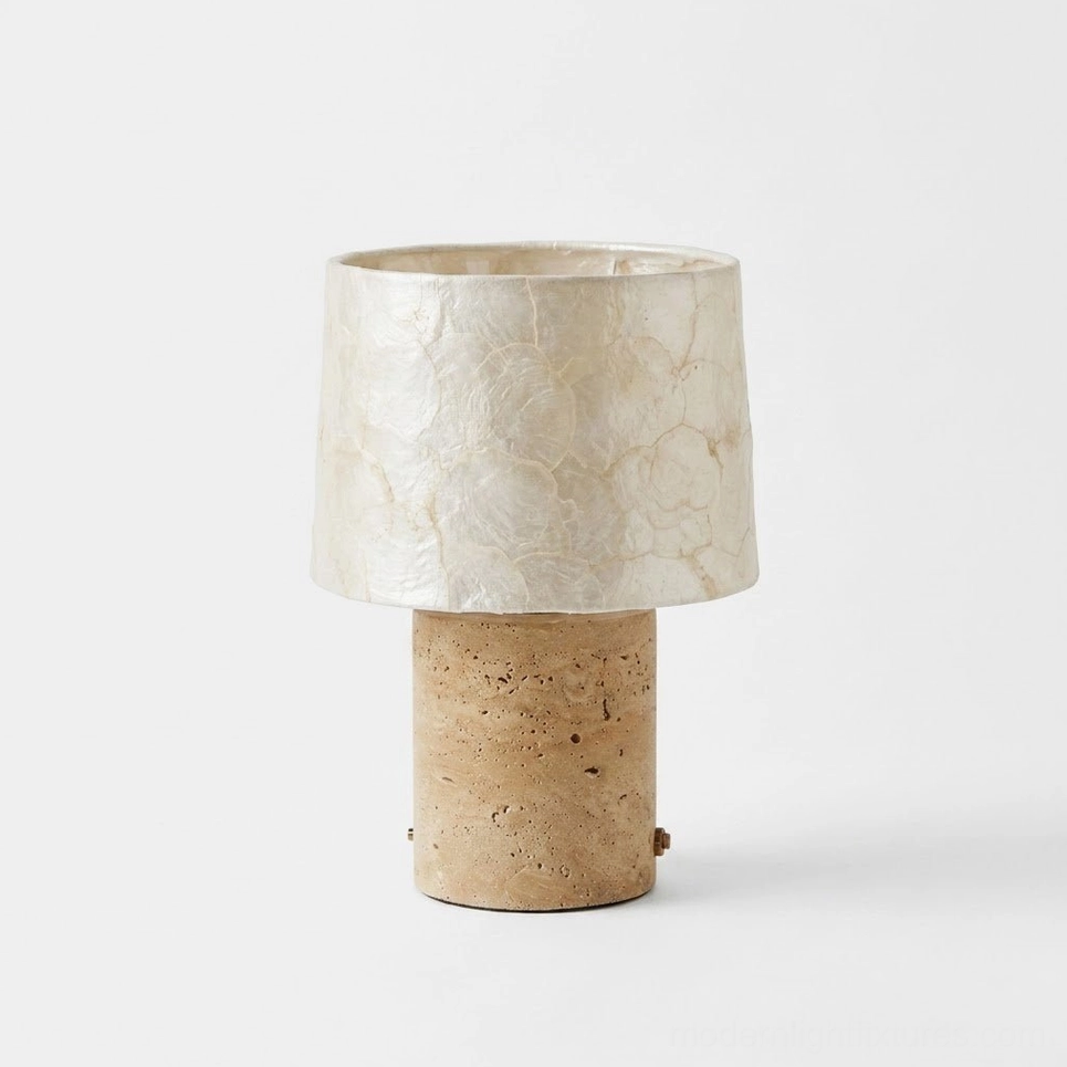 Travertine and capiz shell table lamp side profile showing 3-color switch on base