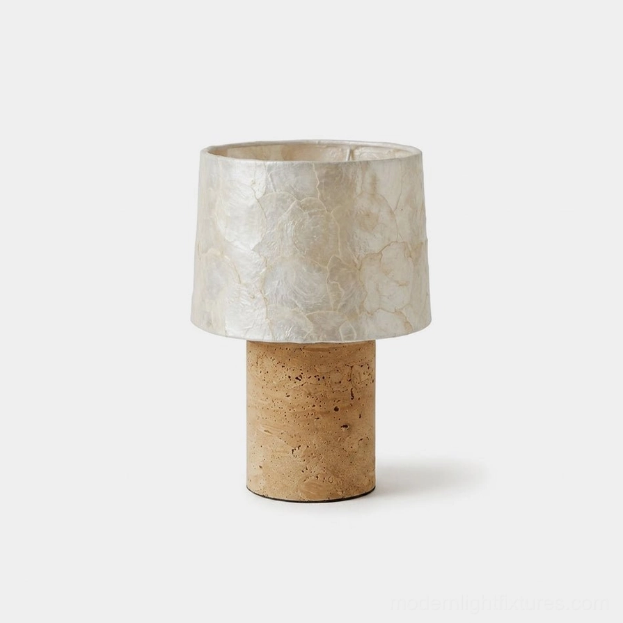 Travertine and capiz shell table lamp front view studio photography with white background