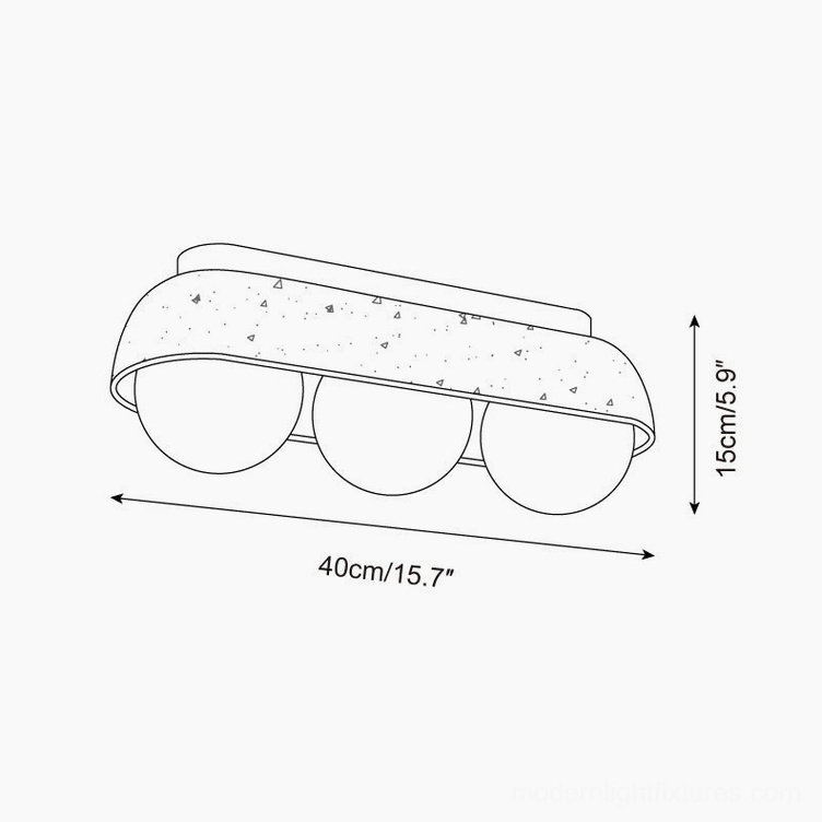 Technical dimension drawing of 3-head travertine ceiling light showing 40cm length and 15cm height specifications