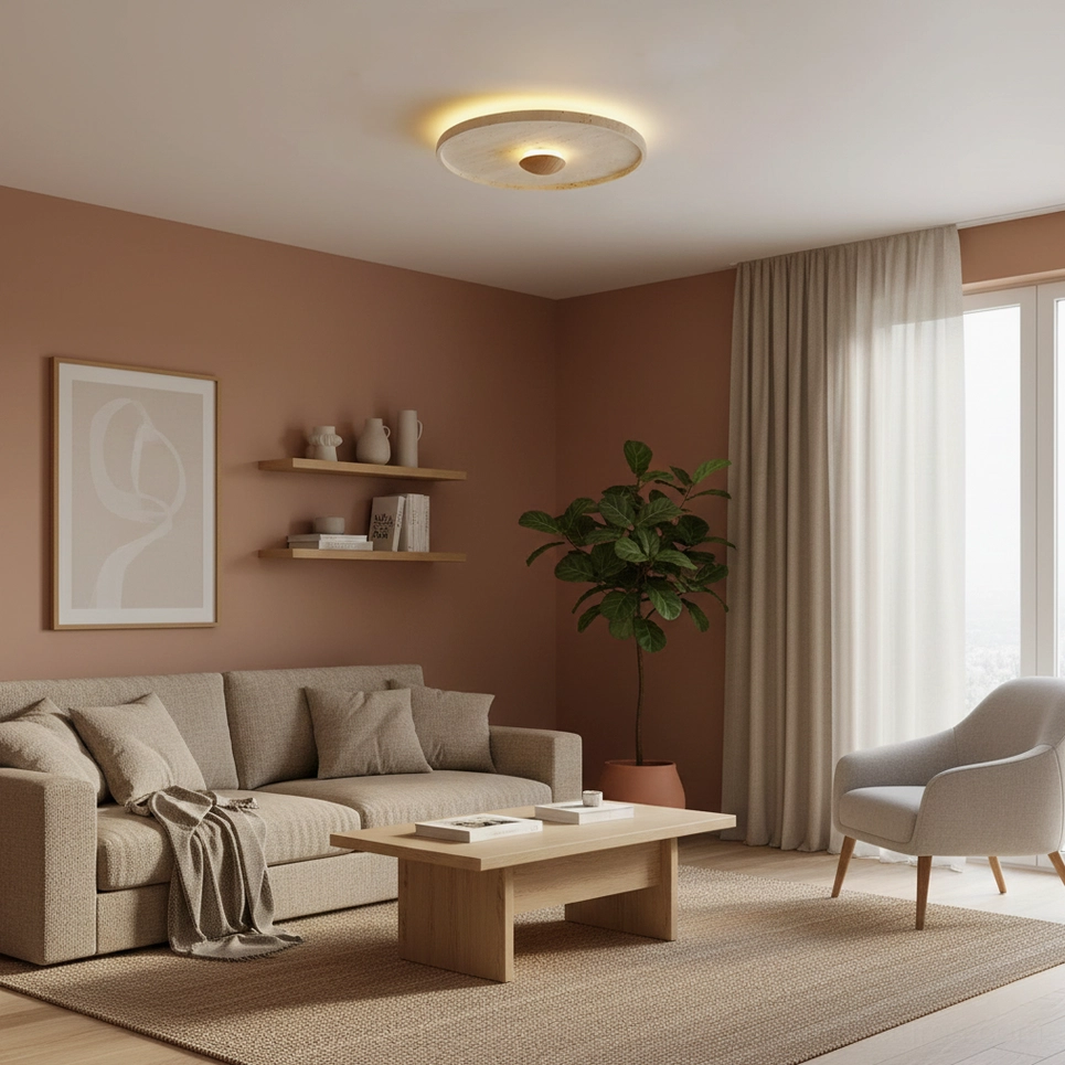 Natural stone travertine ceiling light with integrated LED technology, interior view