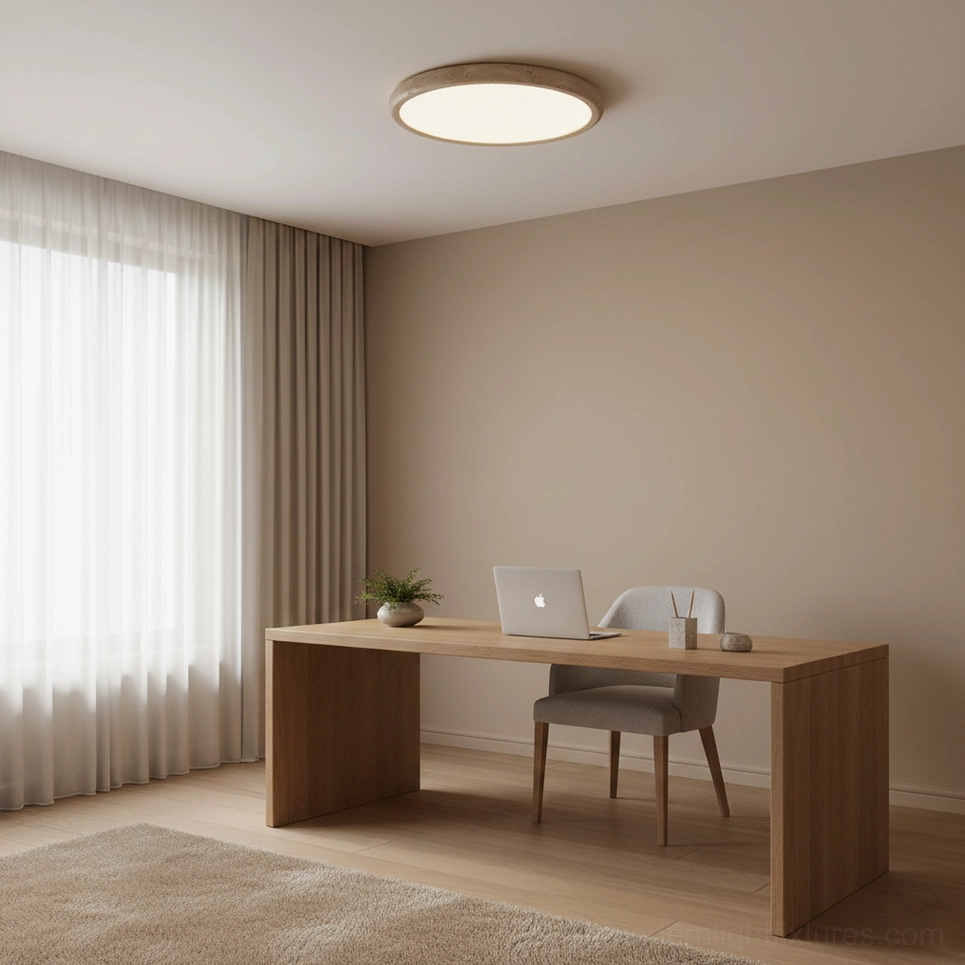 Travertine flush ceiling light minimalist wabi-sabi aesthetic stone material