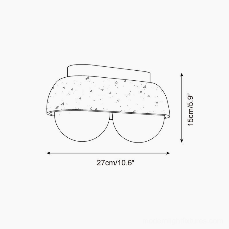 Technical dimension drawing of 2-head travertine ceiling lamp showing 27cm length and 15cm height specifications