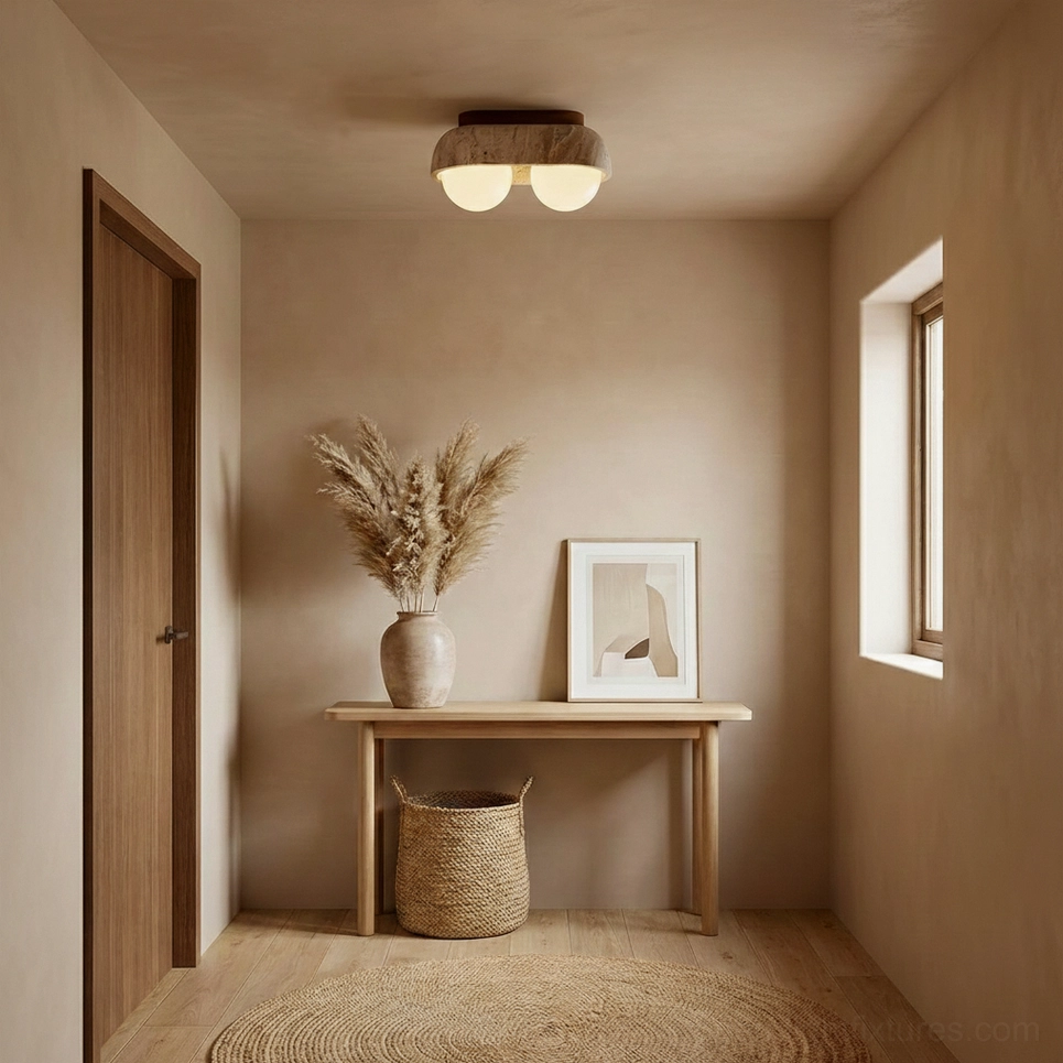 2-head travertine ceiling light installed in warm-toned bedroom entryway with wooden console and dried florals