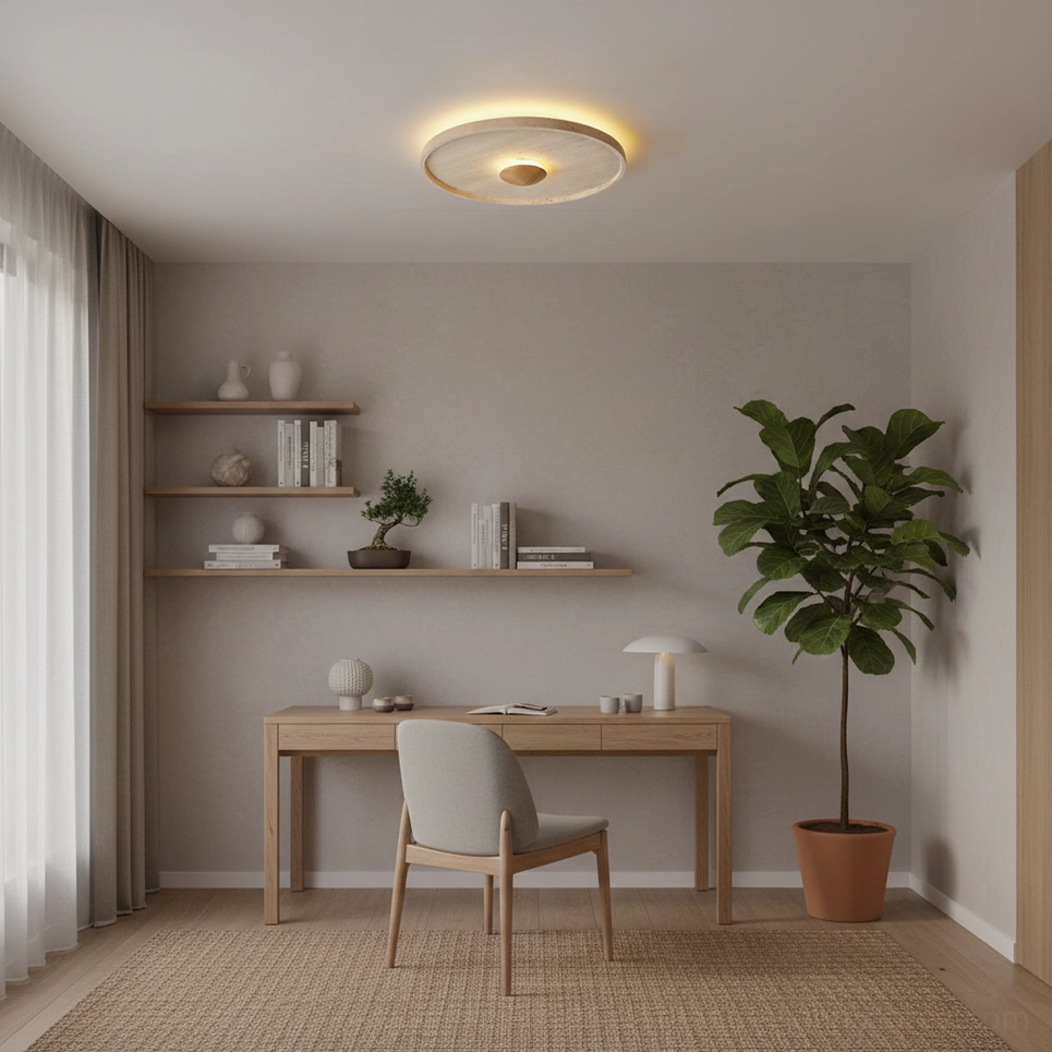 Travertine round ceiling light fixture in residential home office with work-from-home setup