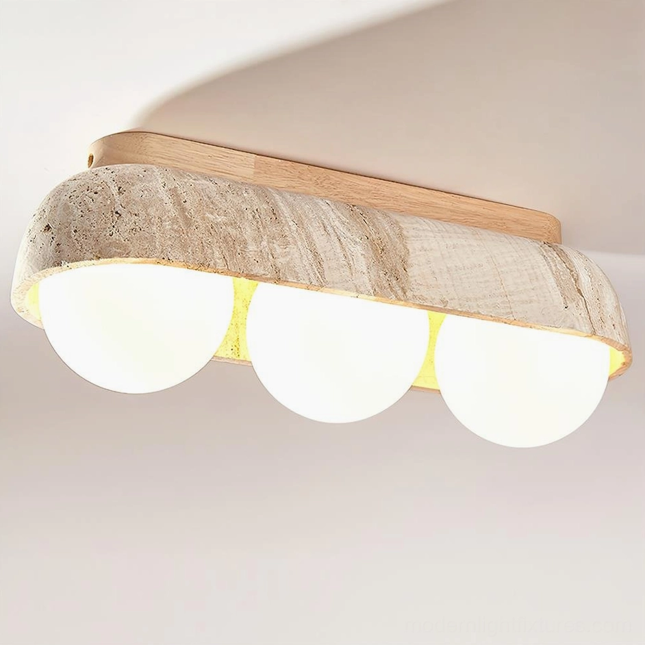 3-head travertine ceiling light fixture with natural wood color canopy and beige stone finish