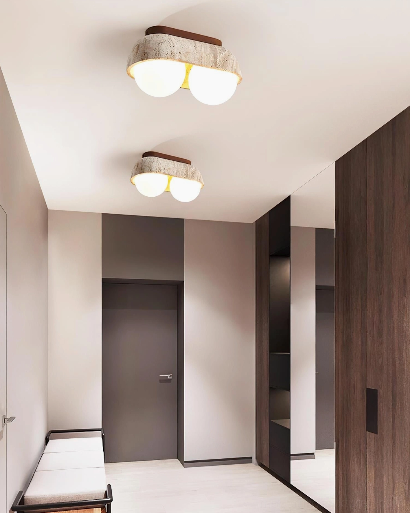 Side profile view of travertine ceiling light fixture showing balanced sculptural form and proportions