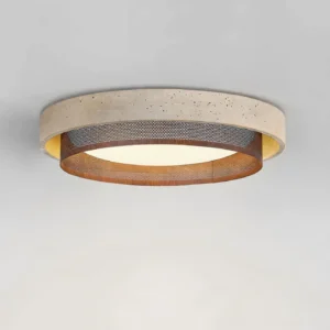 Sculptural travertine ceiling fixture three-quarter angle showing layered design with metal mesh detailing