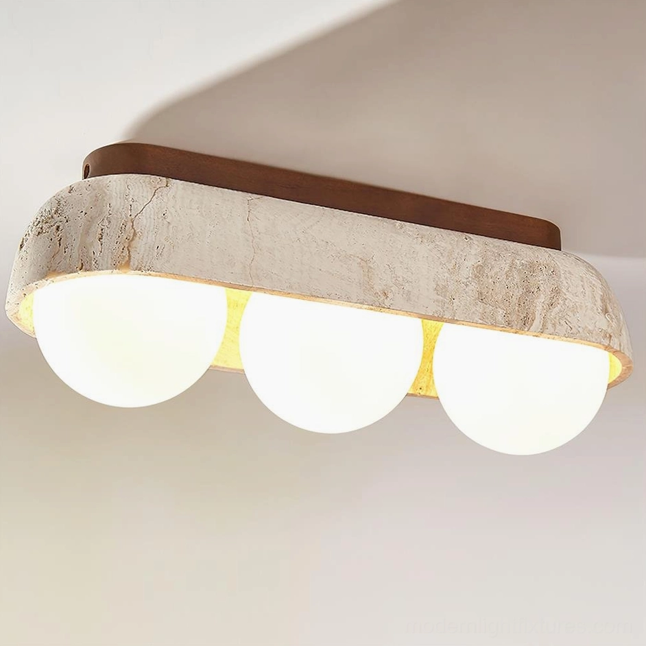 3-head travertine ceiling light fixture with walnut color wood canopy and beige travertine stone