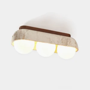 3-head travertine minimalist ceiling light fixture with frosted glass globes and dark wood canopy on plain background