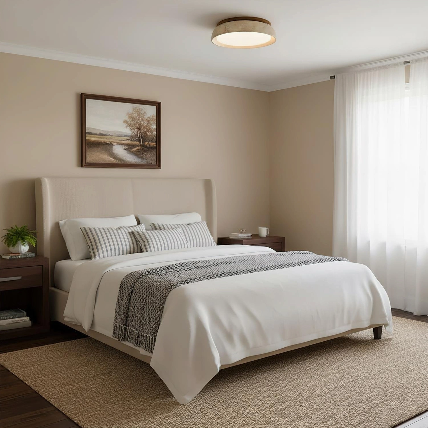 Natural travertine ceiling light creating soft ambient glow in bedroom interior design setting