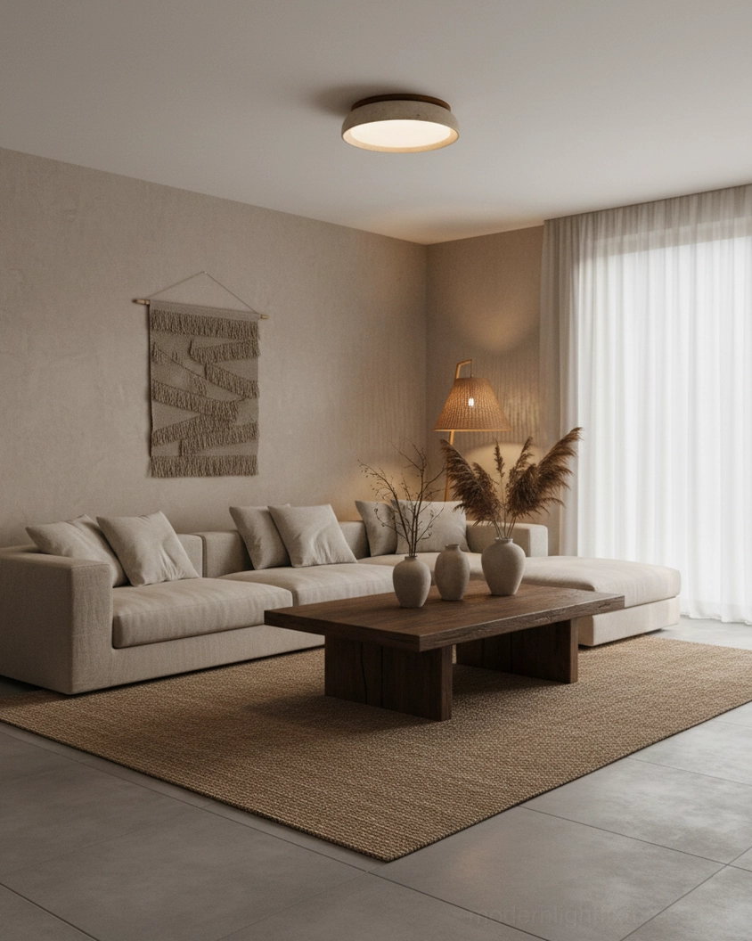 Travertine ceiling light with warm wood top ring creating architectural statement in modern home