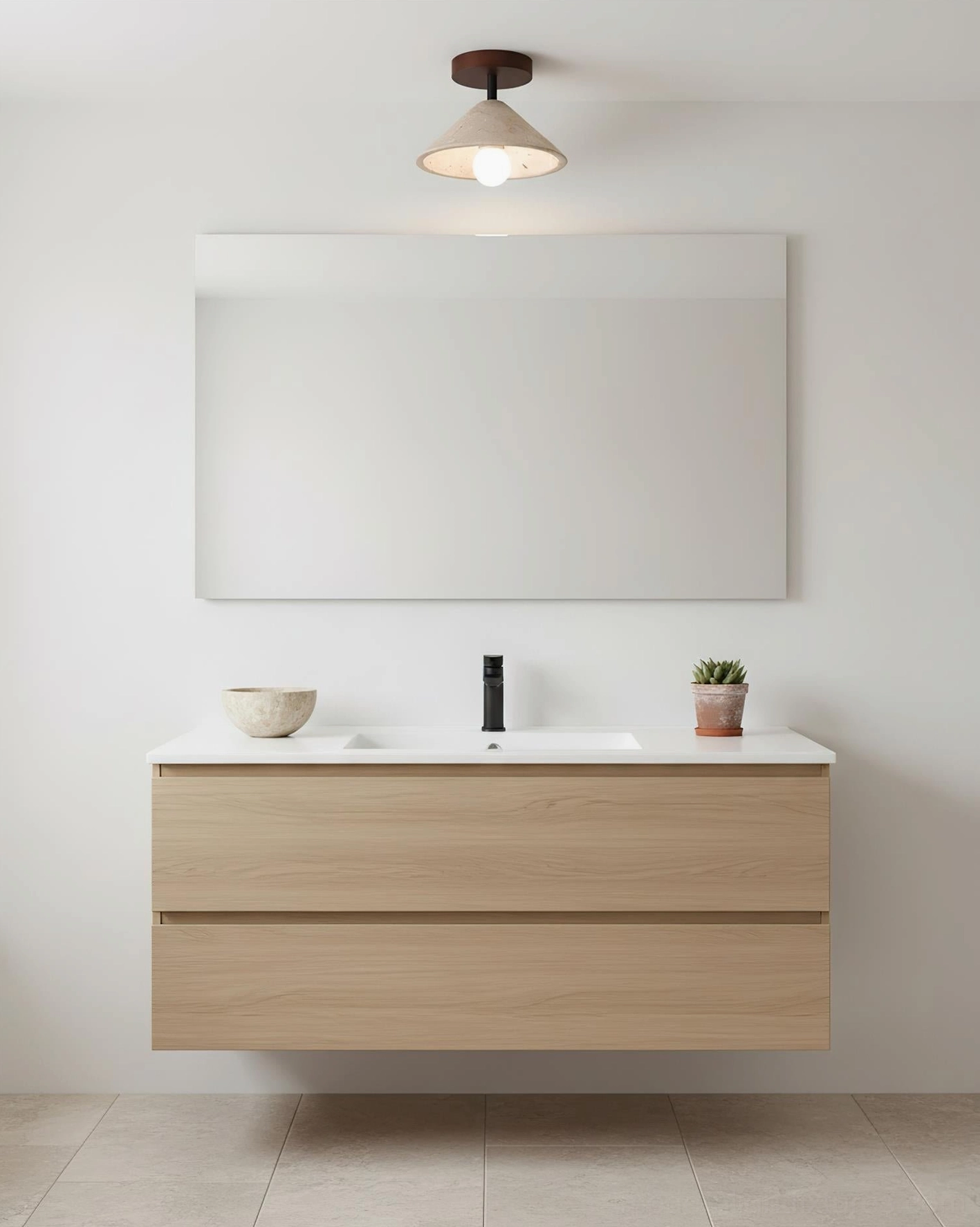 Sierra travertine semi-flush ceiling light mounted in modern bathroom vanity area