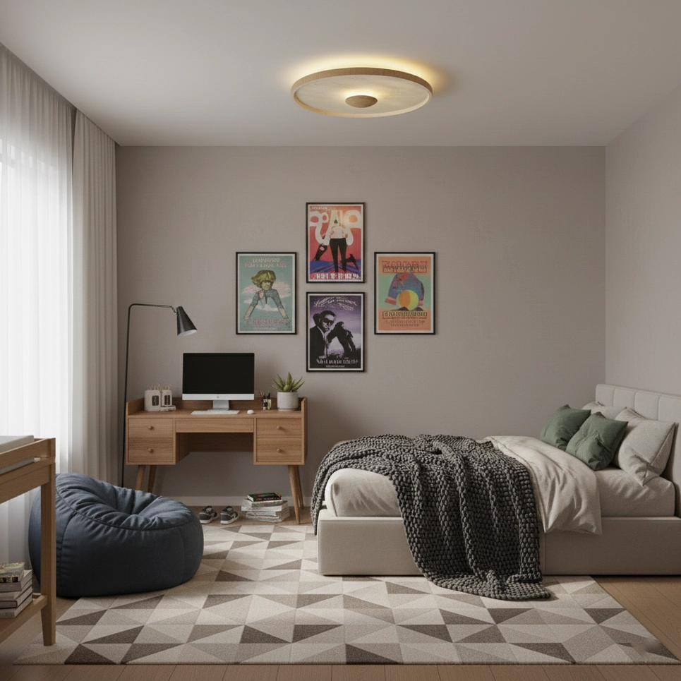 Travertine round ceiling fixture installed in minimalist bedroom with warm ambient glow