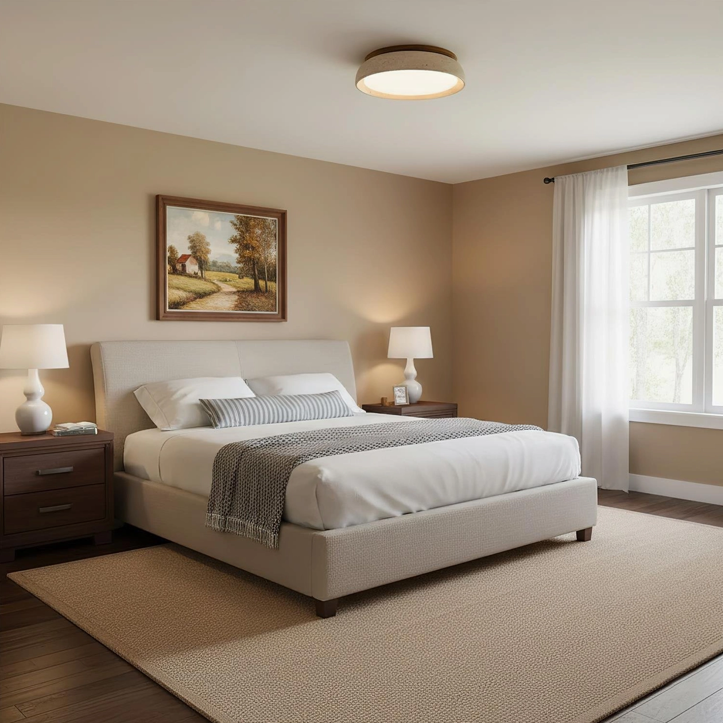 Piedra travertine ceiling light in minimalist bedroom interior, cozy warm glow from integrated LED