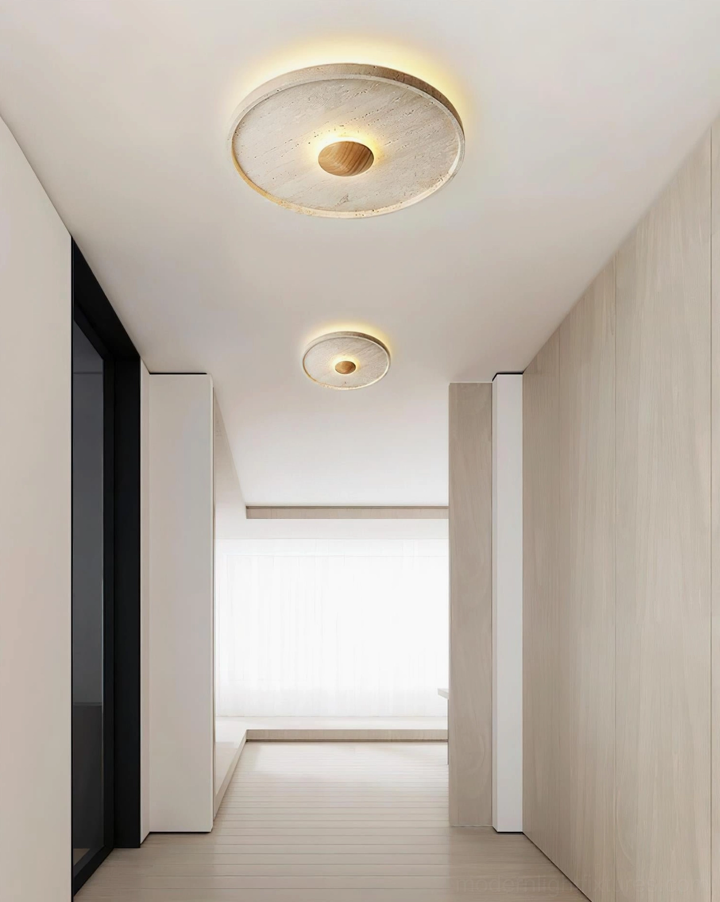 Modern minimalist travertine flush mount ceiling lamp in contemporary interior space