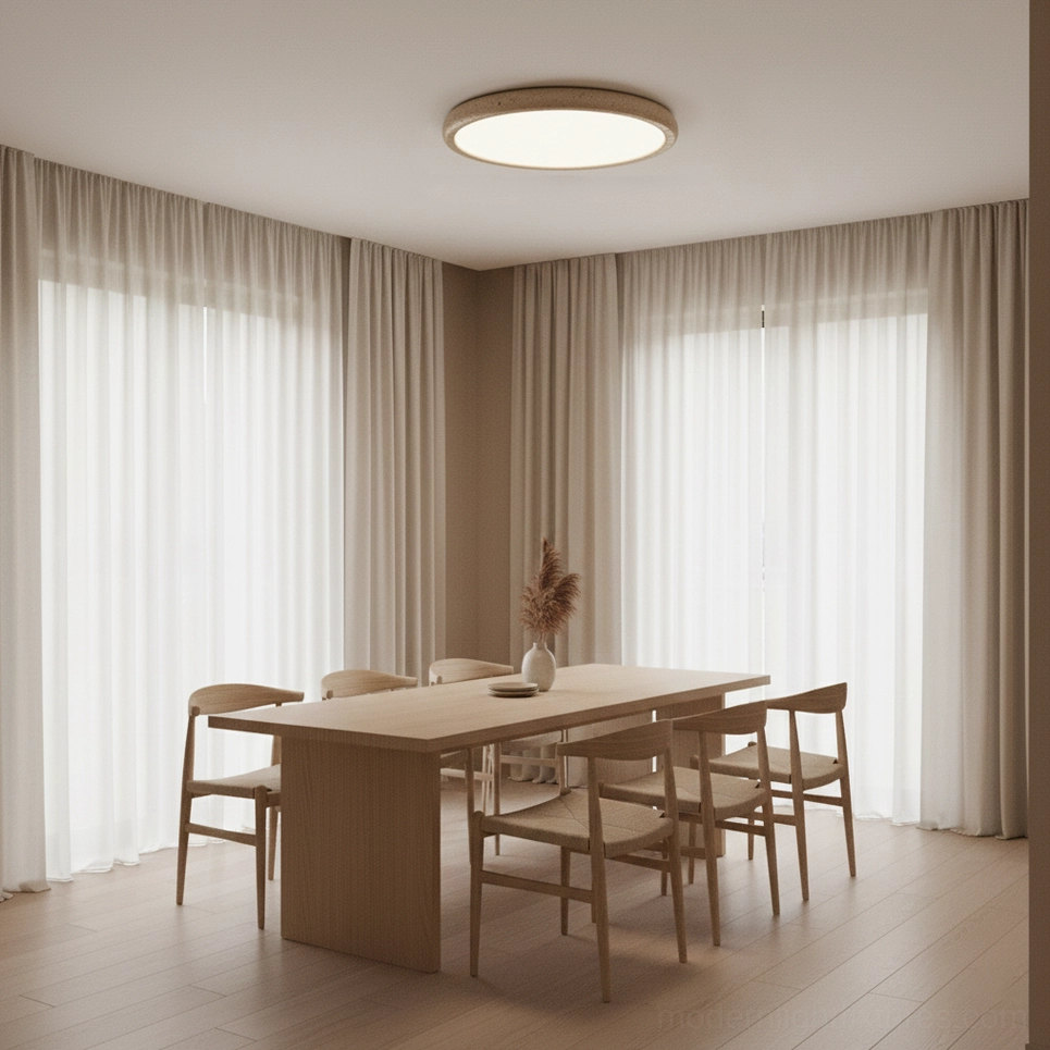 Travertine stone ceiling fixture illuminated in contemporary dining room